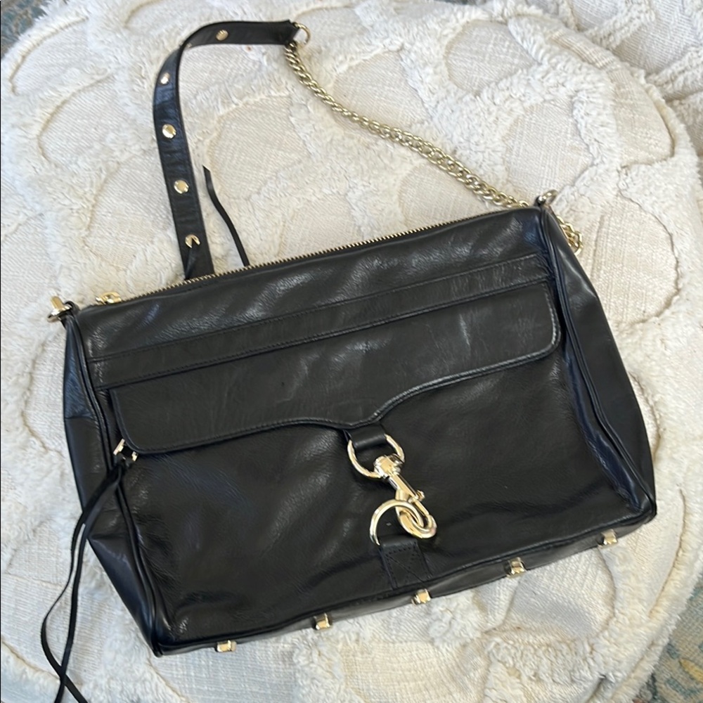 Rebecca Minkoff Black Leather Shoulder Bag with Gold Chain
